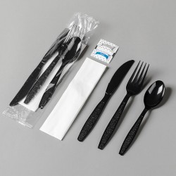 Black Heavy Duty Plastic Cutlery Set with Napkin Disposable PS Fork with Knife Spoon Set